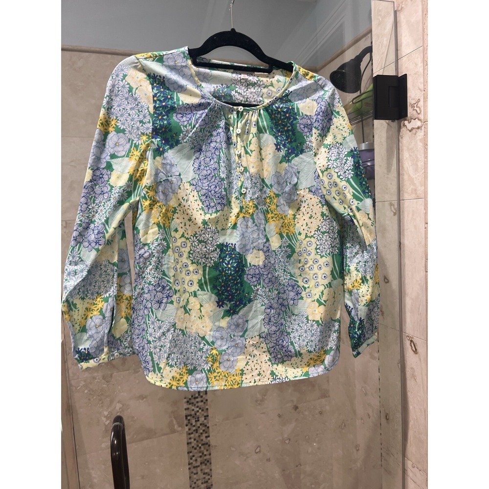 Talbots Womens Floral Popover Blouse Blue Green Yellow Cotton Size Petite Small